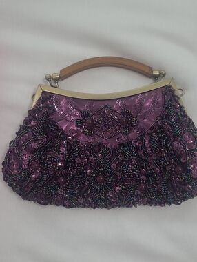 Embellished Purple Beaded Evening Clutch Handle.